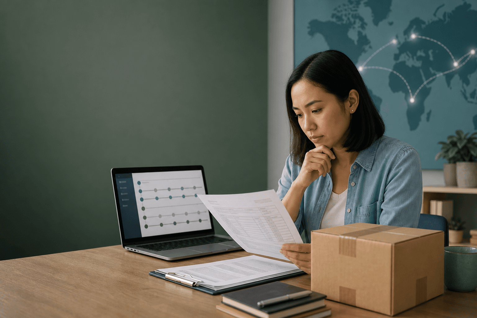 An importer reviewing shipment documents beside a carton and laptop