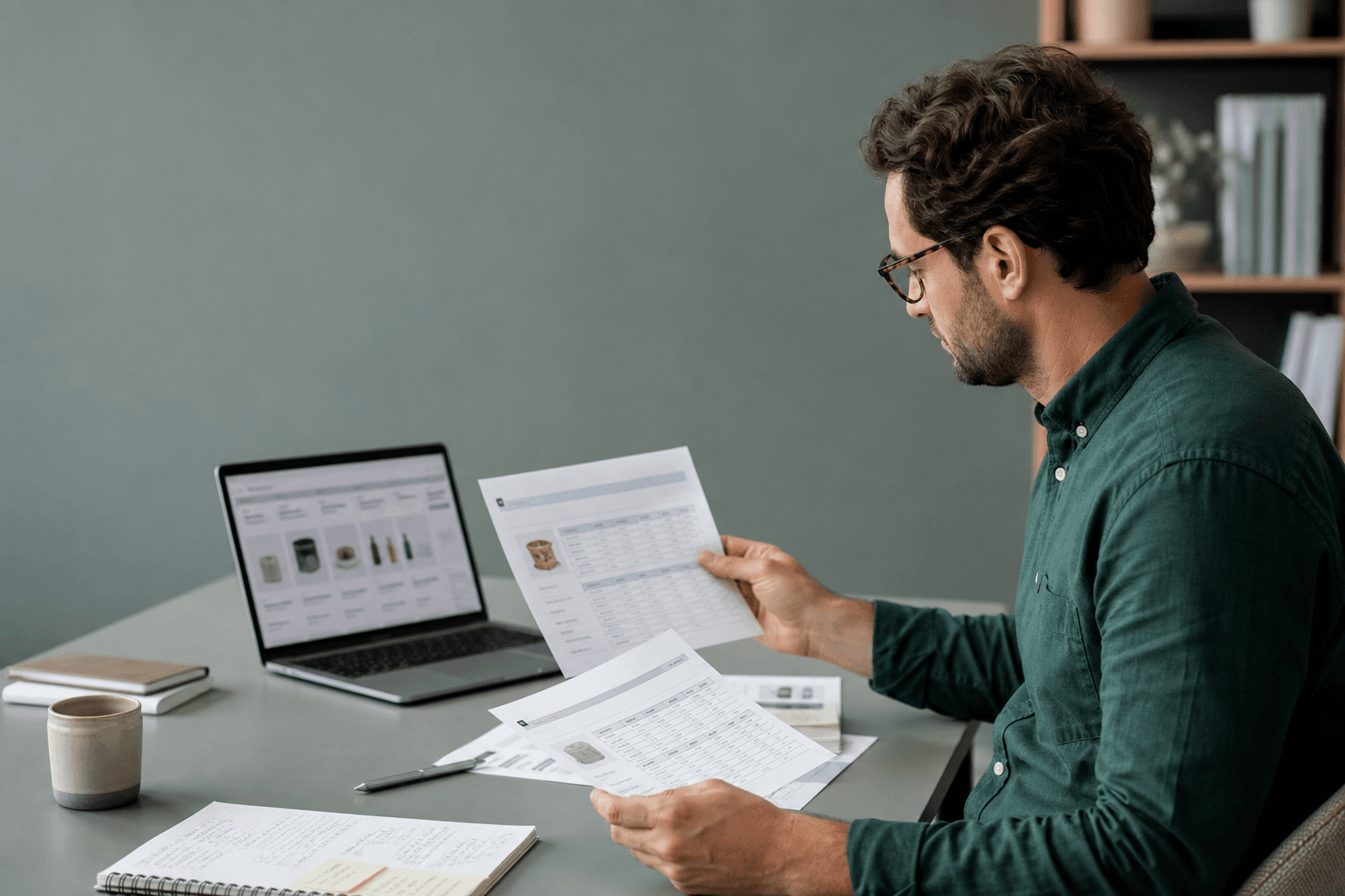 A buyer comparing supplier quotations and product specification sheets at a desk