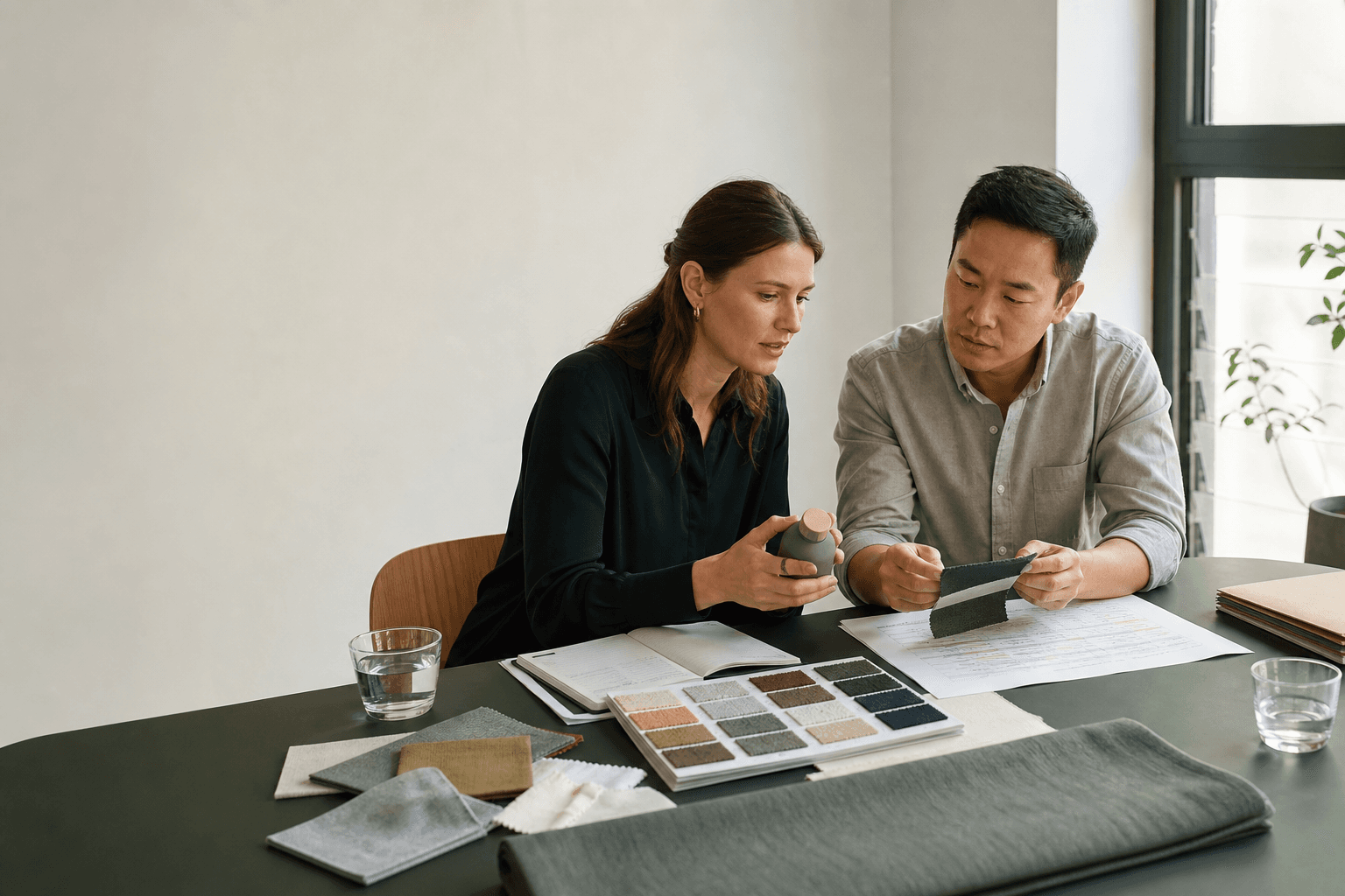 Two people reviewing product samples and material swatches during a sourcing discussion